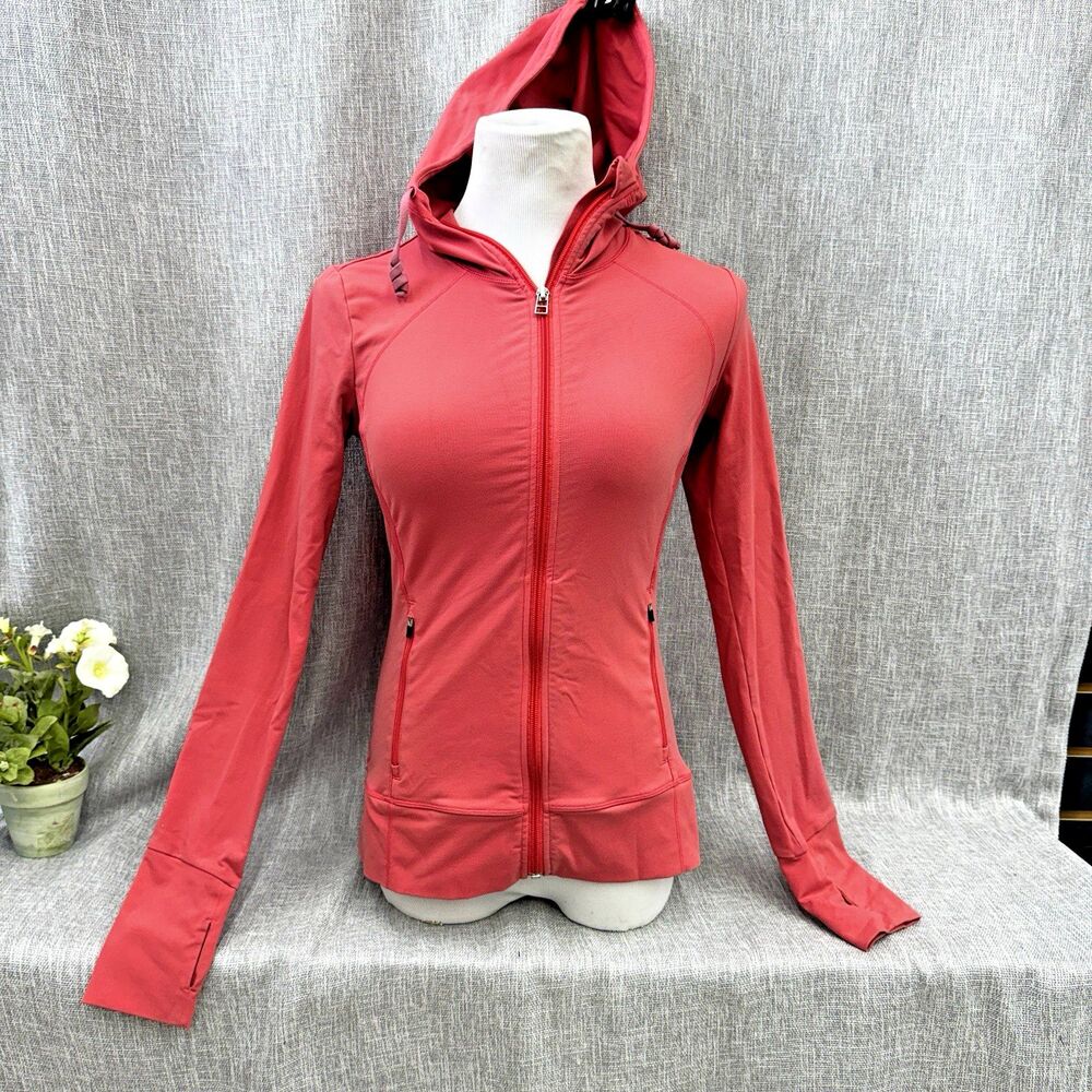 Alo Yoga S Coral Pink Full Zip Hooded Athletic Jacket Long Sleeve Thumbholes⁠